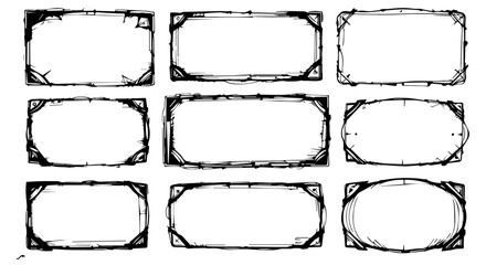 Collection of diverse vintage sketch frames with corner accents, ideal for designs, invitations and artistic projects, silhouette