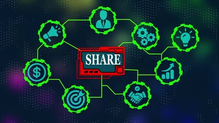 A Share concept button on a clear projection ,Business, Technology and network concept. Animated Dynamic wave of color particles.