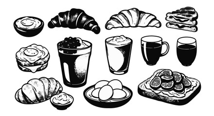 Breakfast illustration featuring croissants, coffee, eggs, and toast, a delightful culinary art for food lovers, silhouette