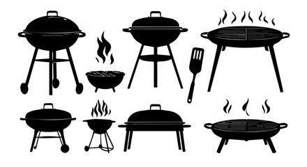 Barbecue grill silhouettes on a white background showcase summer cooking, grilling, and outdoor party elements.