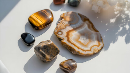 A Collection of Natural Polished Gemstones and Crystal Slices Artfully Arranged on a White Surface with Soft Sunlight Casting Shadows