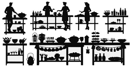 Festive buffet illustration displaying food preparation and self service offering in dark silhouette outline against white