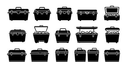 Collection of black vector cooler icons isolated on a white background displays portable freezer units for camping or outdoor activities, silhouette