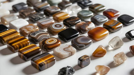 A Captivating Assortment of Polished Gemstones and Natural Agate Stones Displayed in Rows for Aesthetic Appeal and Collection