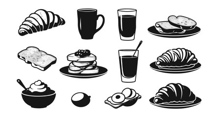 Delicious breakfast treats in black and white showcase croissants, toast, pancakes, juice, and coffee for a delightful start, silhouette