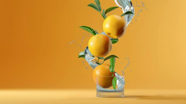 Fresh oranges splashing into a glass with vibrant water droplets, surrounded by green leaves, against a bright orange background, creating a lively and refreshing atmosphere for food and beverage imag