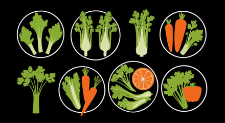 Fresh vegetables, herbs, and fruits are showcased in simple flat circle graphics for healthy eating and nutrition visuals, silhouette
