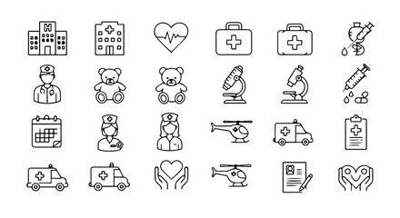 Medical icons collection displays hospital, ambulance, nurse, doctor, syringe, heartbeat and first aid kit in a detailed line art, silhouette