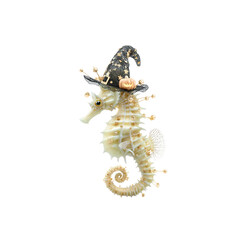 Naklejka premium Halloween Seahorse with Witch Hat and Pumpkins