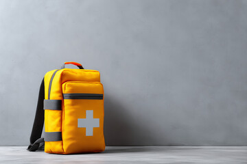 グレーの壁を背景にした黄色の災害バッグ