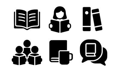 Educational icons set featuring books, reading, and discussions
