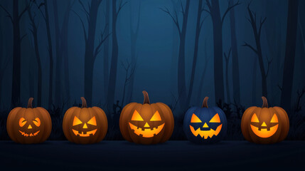 Obraz premium Glowing jack o lanterns in spooky forest at night create Halloween atmosphere
