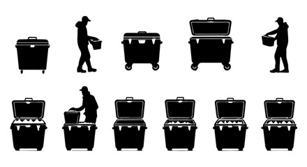 Recycling and waste management shown through black silhouettes of people with bins, emphasizing environment and disposal.