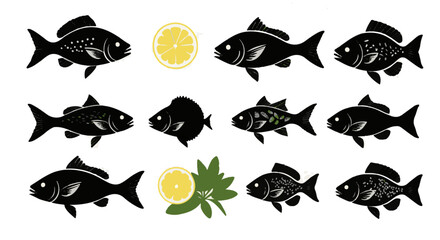 Fresh catch design featuring assorted fish illustrations, lemon halves, and vibrant green herb sprigs on a light background, silhouette