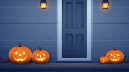 Glowing Halloween pumpkins with carved faces sit on porch under warm lantern lights, creating spooky yet inviting atmosphere