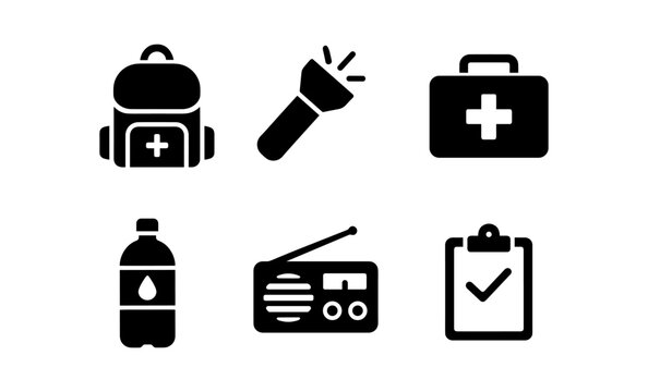 Essential emergency kit icons depicting backpack, flashlight, first aid, water, radio, and checklist