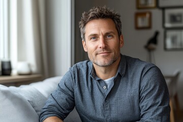 Modern Scandinavian style interior of a living room with a gray sofa and a white wall with a door, creating a bright and welcoming atmosphere. Home design, Generative AI