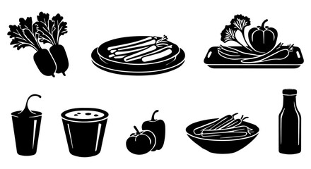 Simple black and white food vector illustration features fresh radishes, peppers, and healthy ingredients ready for culinary design, silhouette