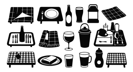 Tableware arrangement featuring glasses, plates, trays, cutlery and napkins in a culinary display, silhouette