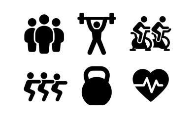 Fitness icon set: group workout, weightlifting, cycling, squats, kettlebell, heartbeat