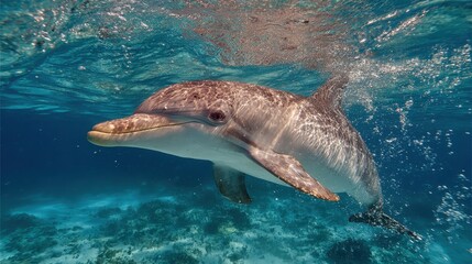 Fototapeta premium Dolphin swimming in clear, turquoise ocean waters near the surface. Use for nature, marine life, or conservation awareness campaigns.