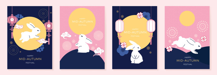 Happy mid autumn festival poster vector set. Wallpaper template with cute rabbit, moon, flower, lantern, pattern on pink and blue background. Illustration design for cover, banner, flyer, card, ads.