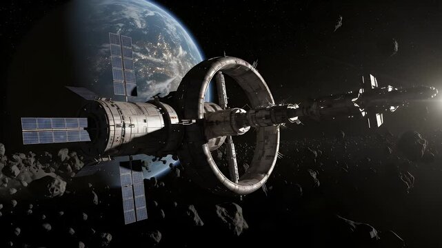 Rotating space station orbits Earth, amidst asteroids