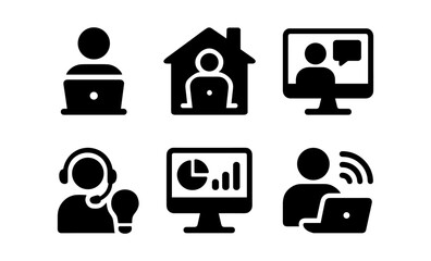Diverse icons representing remote work, online meetings, and digital communication