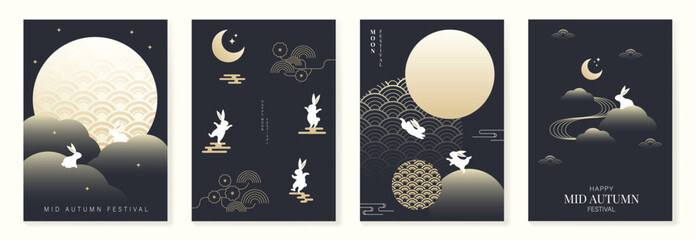 Happy mid autumn festival poster vector set. Wallpaper template with cute rabbit, moon, cloud, pattern on dark background. Illustration design for cover, banner, flyer, card, ads.