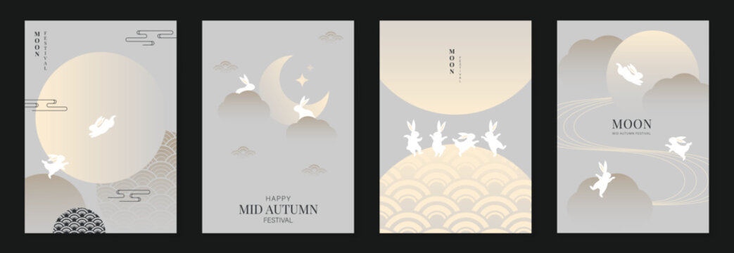 Happy mid autumn festival poster vector set. Wallpaper template with cute rabbit, moon, cloud, pattern on gray background. Illustration design for cover, banner, flyer, card, ads.