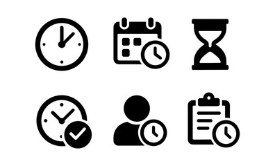 Set of time management icons with clocks, calendar, hourglass, and checklist