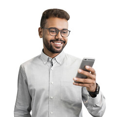 Young handsome man looking at smartphone isolated transparent PNG, Smiling businessman using mobile...
