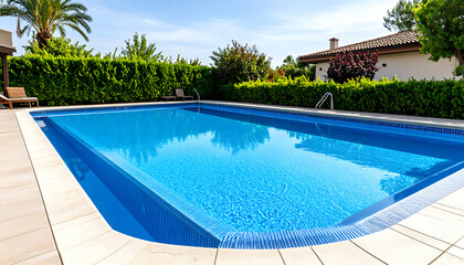 Bright Blue Rectangular Swimming Pool in a Lush Green Garden