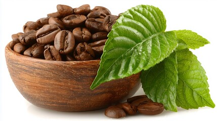 Roasted coffee beans in a wooden bowl with coffee plant leaves