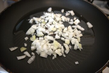 Chopped onion on oil and in frying pan.
