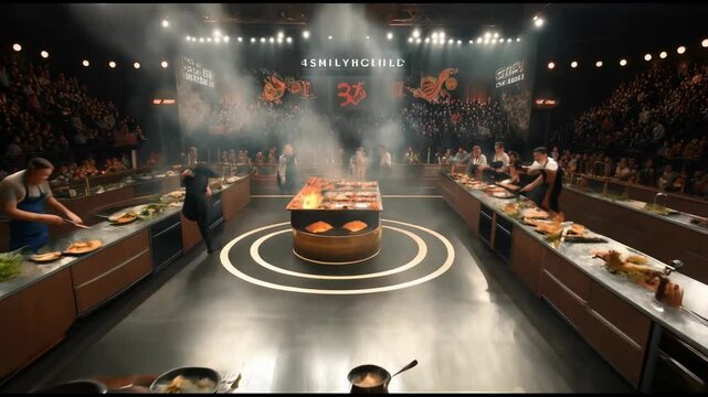 Chefs engage in a high-stakes culinary challenge, surrounded by steam, tools, and focused energy. The scene blends precision, teamwork, and the vibrant intensity of a competitive cooking event.