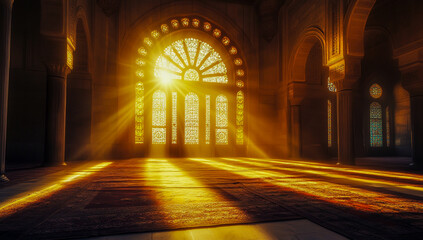 Obraz premium Sunlight streams through the arched, ornate windows of a historic ancient mosque, creating intricate, delicate patterns across the eroded stone floor below.