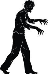 Silhouette of scary zombie character walking with creepy posture, isolated on white background, horror concept, Halloween undead illustration art