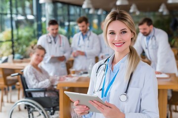 Fototapeta premium Smiling doctor using digital tablet with medical team working in the background
