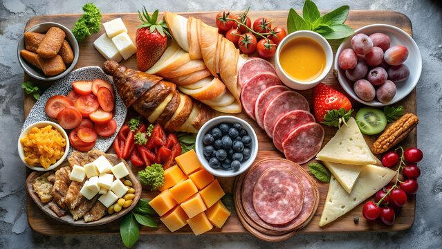 Gourmet charcuterie board with cheese meat fruit and bread assortment - Powered by Adobe