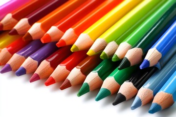 Many colored pencils forming a colorful row on white background