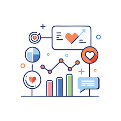 Business analytics and growth strategy with heart and communication icons