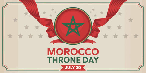 morocco throne day banner with national emblem in red and green, festive ribbons, scattered stars, and bold july 30 patriotic typography