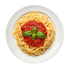 Delicious spaghetti topped with tomato sauce and basil.