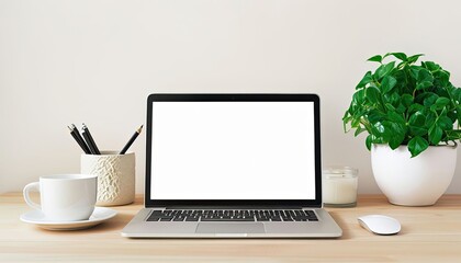 Laptop with Blank Screen Mockup on a Wooden Desk in a Home Office
