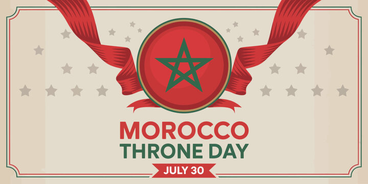 morocco throne day banner with national emblem in red and green, festive ribbons, scattered stars, and bold july 30 patriotic typography