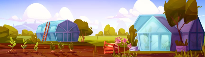 Fotobehang Blauwe hemel Cartoon garden landscape with greenhouses - glass structures on sunny farm, planted seedlings in soil rows, wooden crate with sack, pink flowers. Rural countryside scene with cultivation area.  © klyaksun