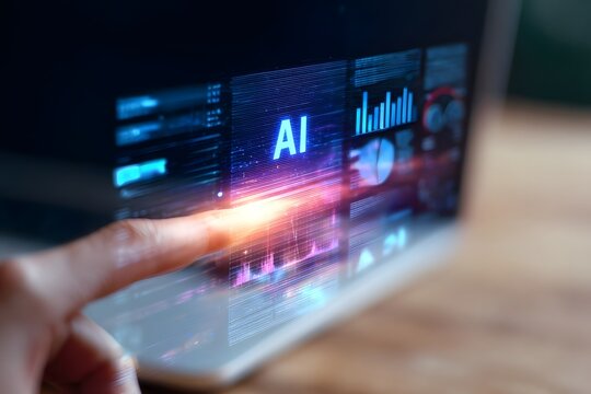Hand interacting with a digital screen displaying AI and data analytics visuals