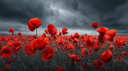 A Field of Vibrant Red Poppies Under a Dramatic Stormy Sky. Remembrance Day Concept.