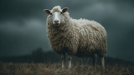 A fluffy white sheep stands calmly in a field beneath a dramatic and stormy dark sky du daytime scene.